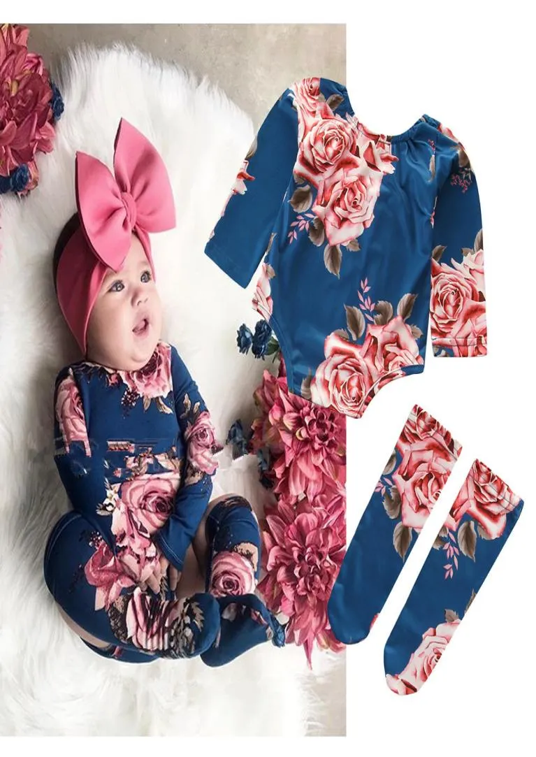 Lente pasgeboren baby bodysuits met lange mouwen oneck bloemenprint baby meisjes jumpsuit 100katoenen babykleding bodysuit met stockin3633398