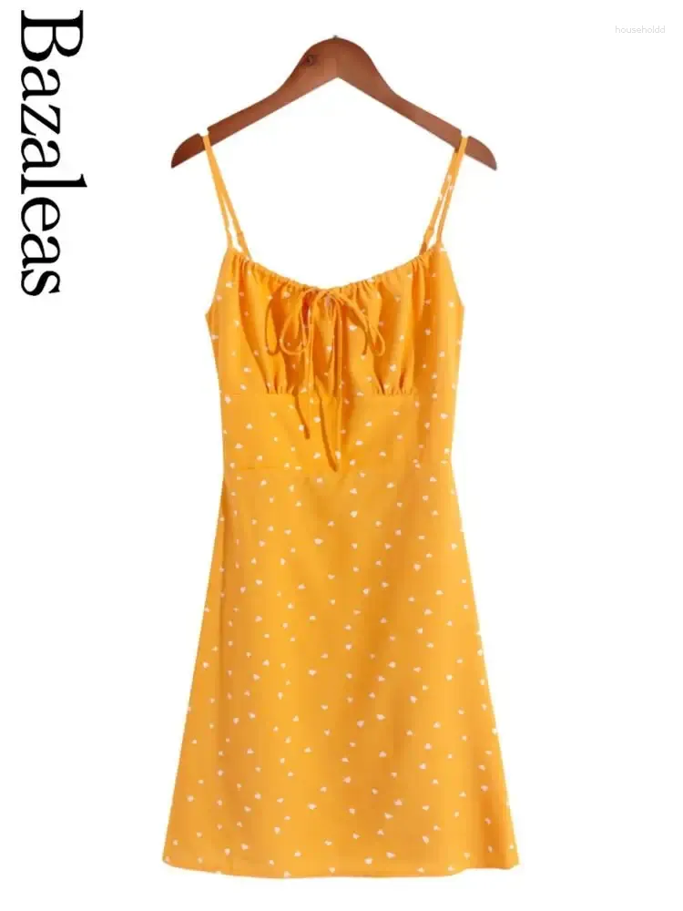 Casual klänningar 2024 Kvinnor Summer Print Kvinnor Sexiga spaghettirand Lady Dress Yellow Party Mini Elegant Chiffon