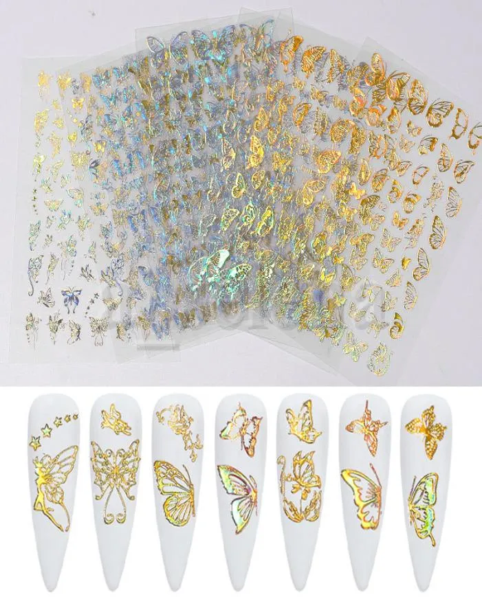 Holografische 3D Vlinder Nail Art Stickers Zelfklevende Sliders Kleurrijke DIY Gouden Zilveren Nagel Transfer Decals Folie Wraps Decoratie1292034