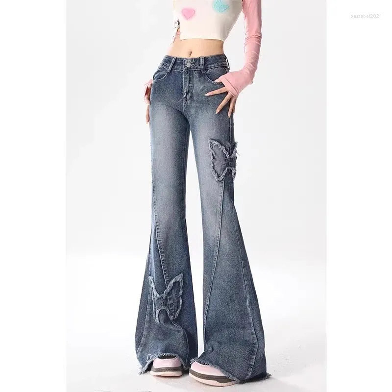 Kvinnors jeans höghöjda kvinnor fjäril casual y2k kvinnliga mode breda ben byxor damer denim byxor blå vintage full