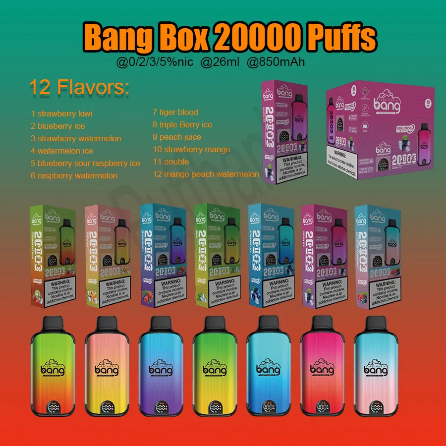 Bang Box Puff 20000 E Sigaretten Kit Elf Box 18K Puffen Wegwerp Pape Pen Mesh Coil Oplaadbaar 850 mAh Batterij Vapers 0% 2% 3% 5% 12 Kleuren Vaporizers Dubbel Mesh