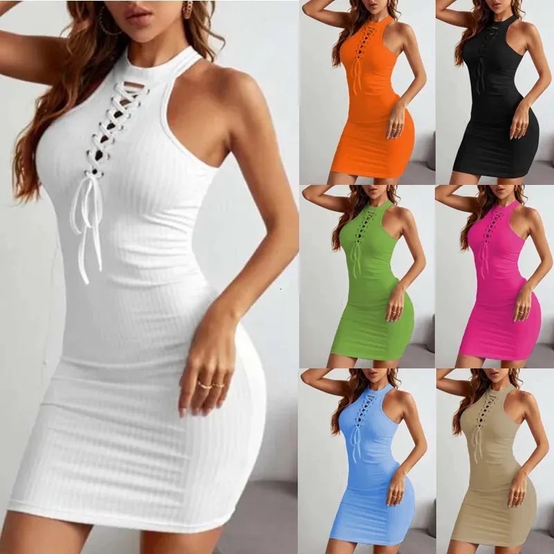 Women dress 2024 summer casual fashion lady Hip wrap dress Solid color Sexy beath knit dress lace-up women dress size s-l 240306