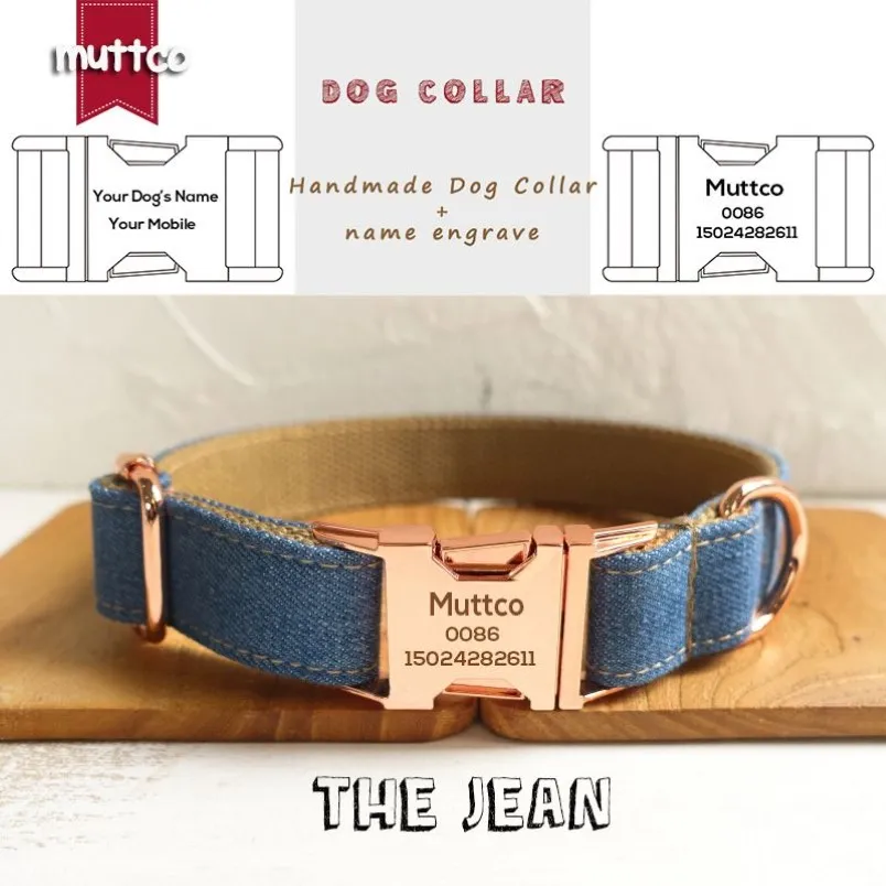 Collar para mascotas personalizado de diseño propio de MUTTCO, collar hecho a mano THE JEAN, 5 tamaños, collar y correa para perros con hebilla de oro rosa grabado UDC035M218f