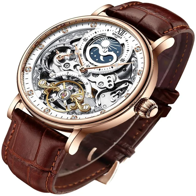 Mens Luxury Skeleton Automatic Mechanical Wrist Watches Leather Moon Phrase Luminous Hands Self-Wind Wristwatch288h