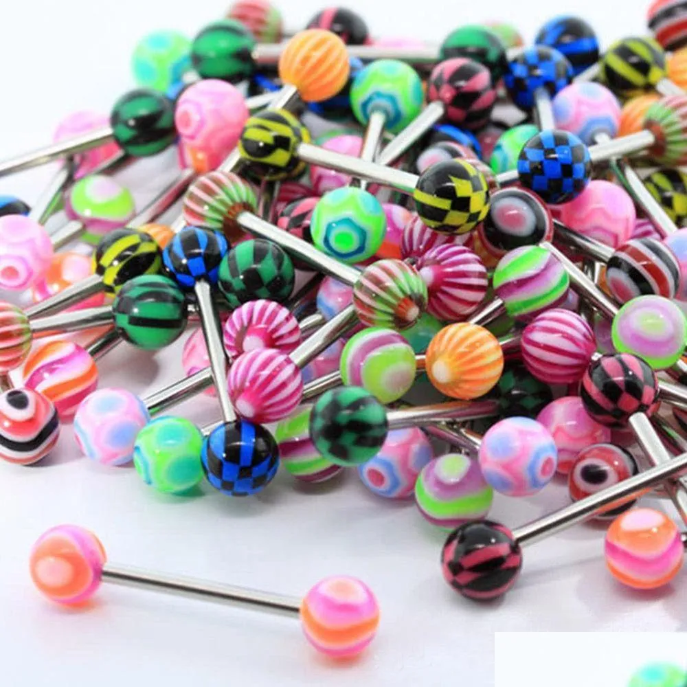 Anneaux de langue 100pcs Mix Style Barbell Bar Piercing Mode Acier inoxydable Mixte Bonbons Couleurs Hommes Femmes Corps Bijoux Drop Livraison Ot9FP