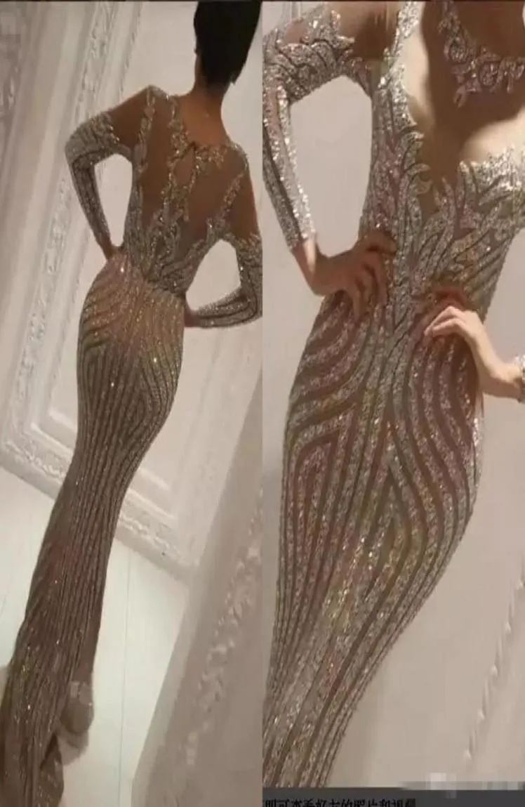 Yousef Aljasmi Charbel Zoe Long Sleeve Dresses Evening Wear 고급 크리스탈 골드 가운 Zuhair Murad 유명 인사 Prom Gowns8125957