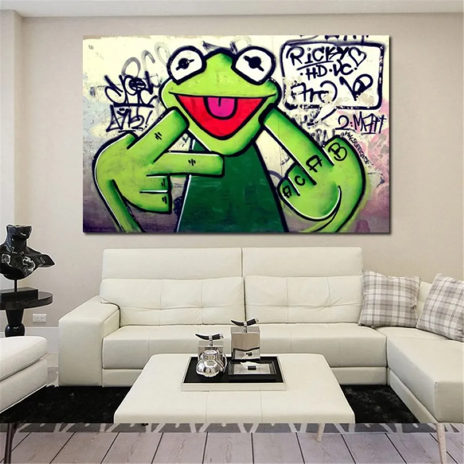 Canvas Målning Street Graffiti Art Frog Kermit Finger Poster Print Animal Oil Målningsvägg Bilder för vardagsrum Unframed242R