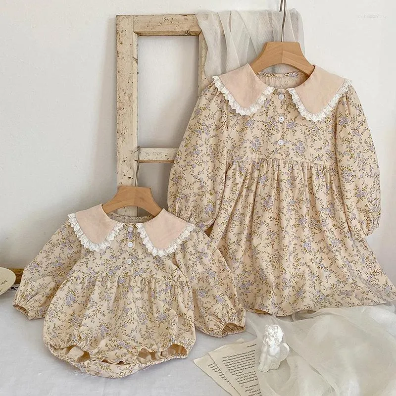 Vestidos de menina estilo europeu americano outono primavera irmã vestido crianças princesa bebê meninas macacão de manga comprida algodão impressão floral