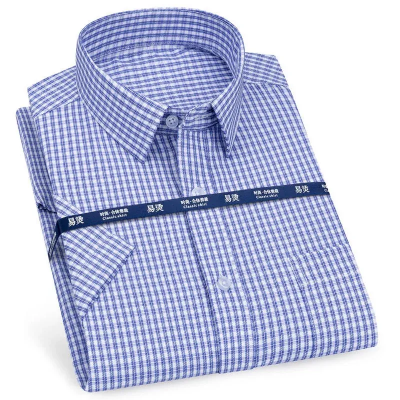 Mens Shortsleeved Shirt Business Casual Classic Plaid Striped Plaid Mens Social Dress Shirt Purple Blue Fashion CH 240312