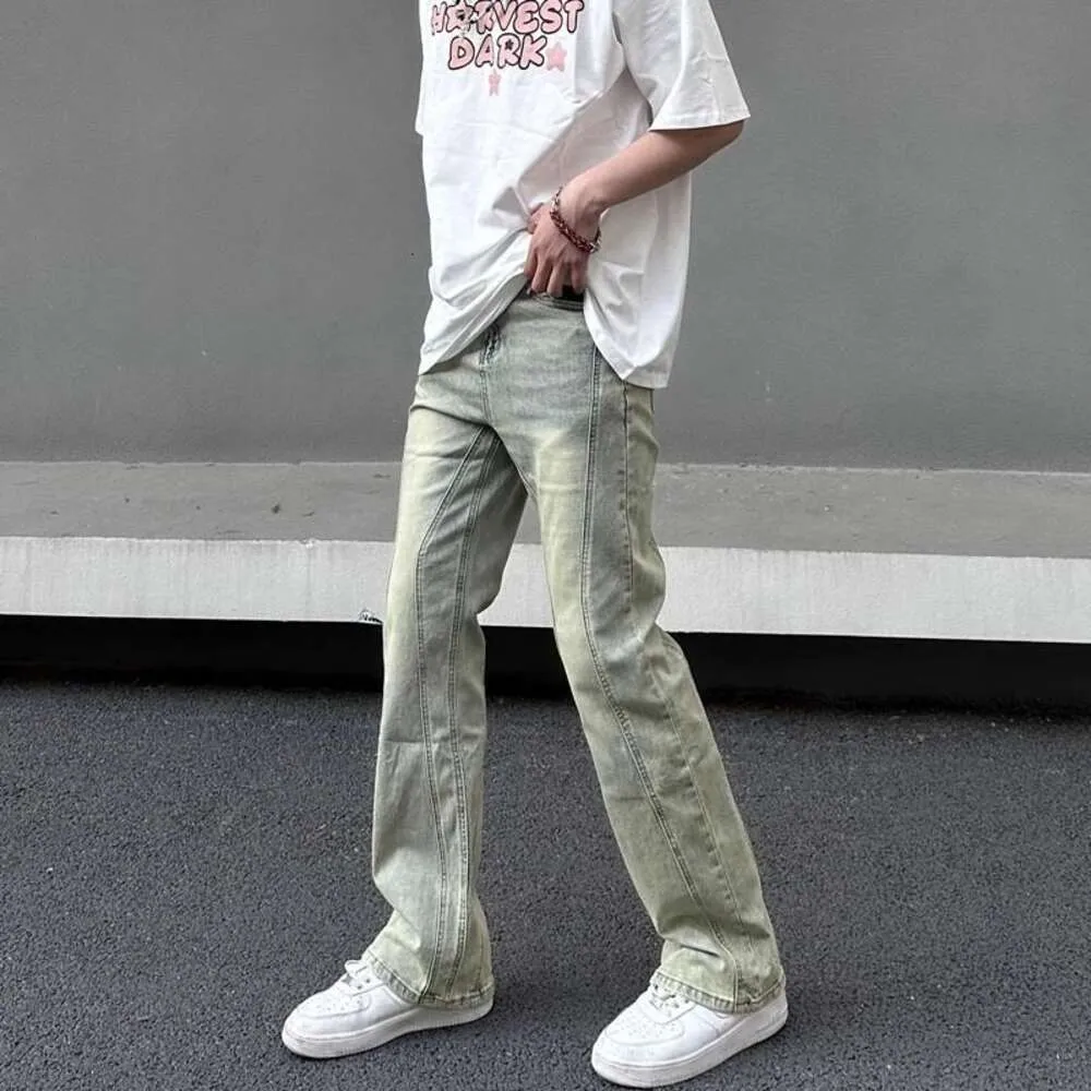 American Style High Street Vibe Washed Distressed Yellow Mud Dyed Jeans, trendige Instagram-Hose mit geradem Bein für Herren, leicht ausgestellte, schlankmachende und gestapelte Hose