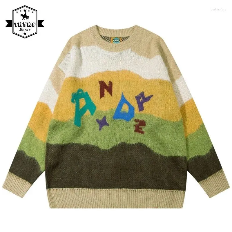 Pulls pour hommes American rayé Vintage pull hommes automne Y2K surdimensionné lettre colorée imprimé tricoté Harajuku Baggy Jumper unisexe