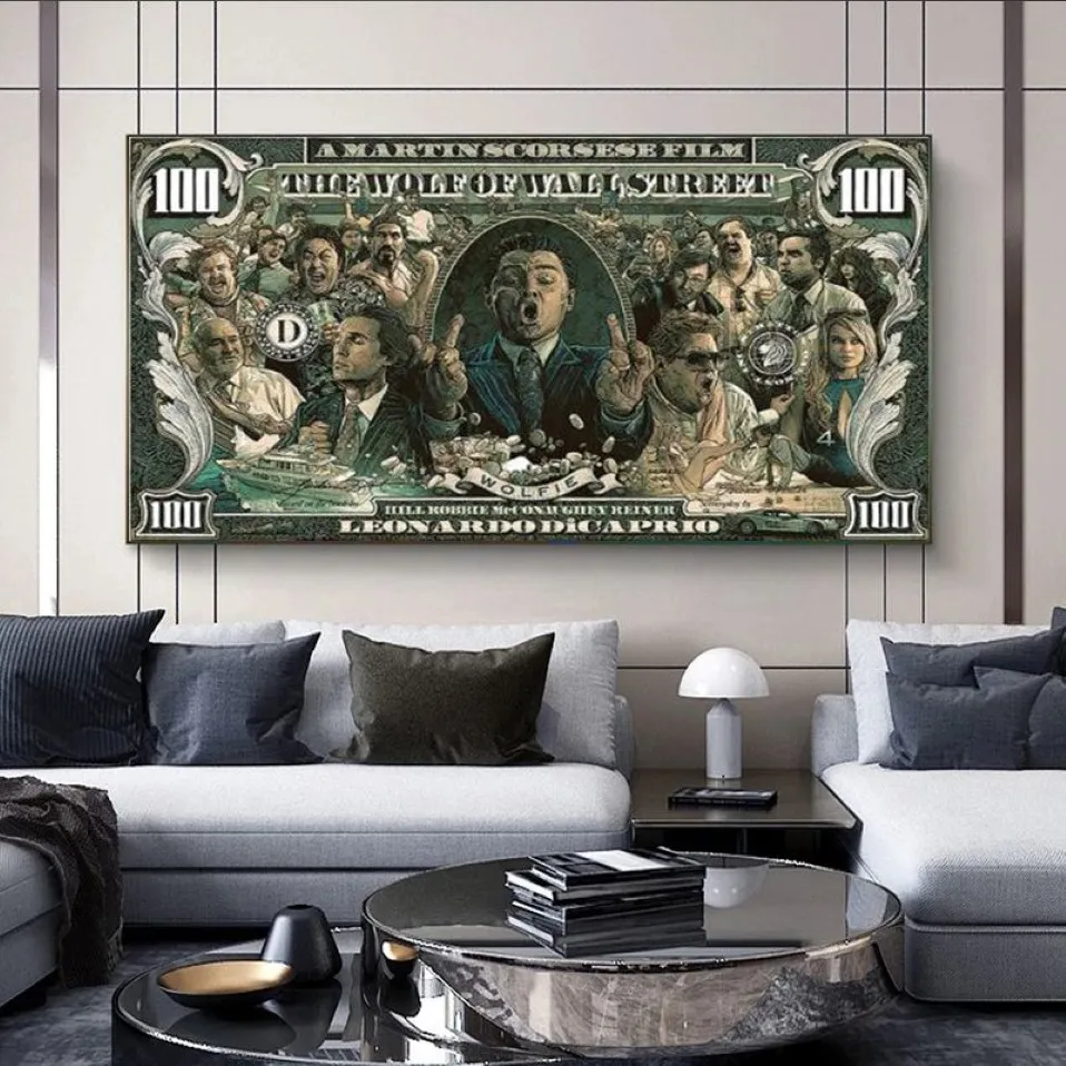 Graffiti Straat Geld Art 100 Dollar Canvas Schilderij Posters en Prints Wolf van Wall Street Pop Art voor Woonkamer decor2659