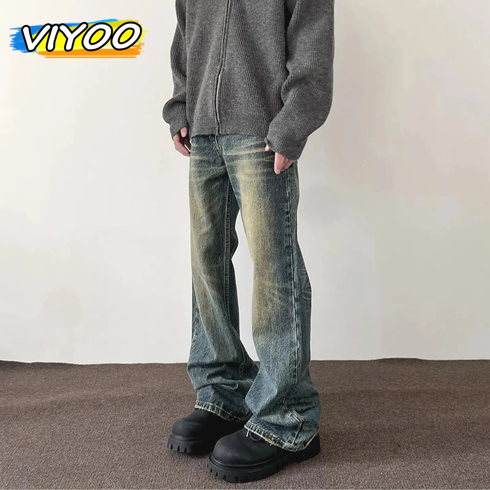 Mens Streetwear Y2k Ripped Vintage Jeans Distressed Casual Fashion Street Trousers Autumn Winter Flared Denim Pants For Men 230226