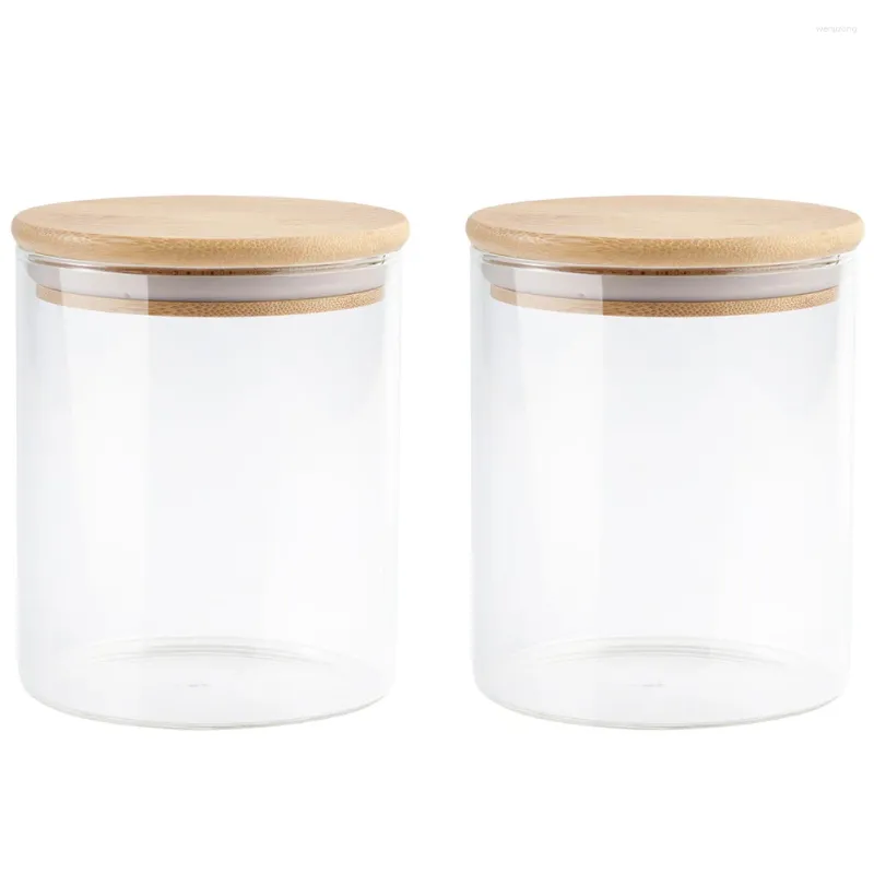 Storage Bottles 2 Pcs Glass Jar Sealed Food Canisters Pot Container Bamboo Cover Wooden