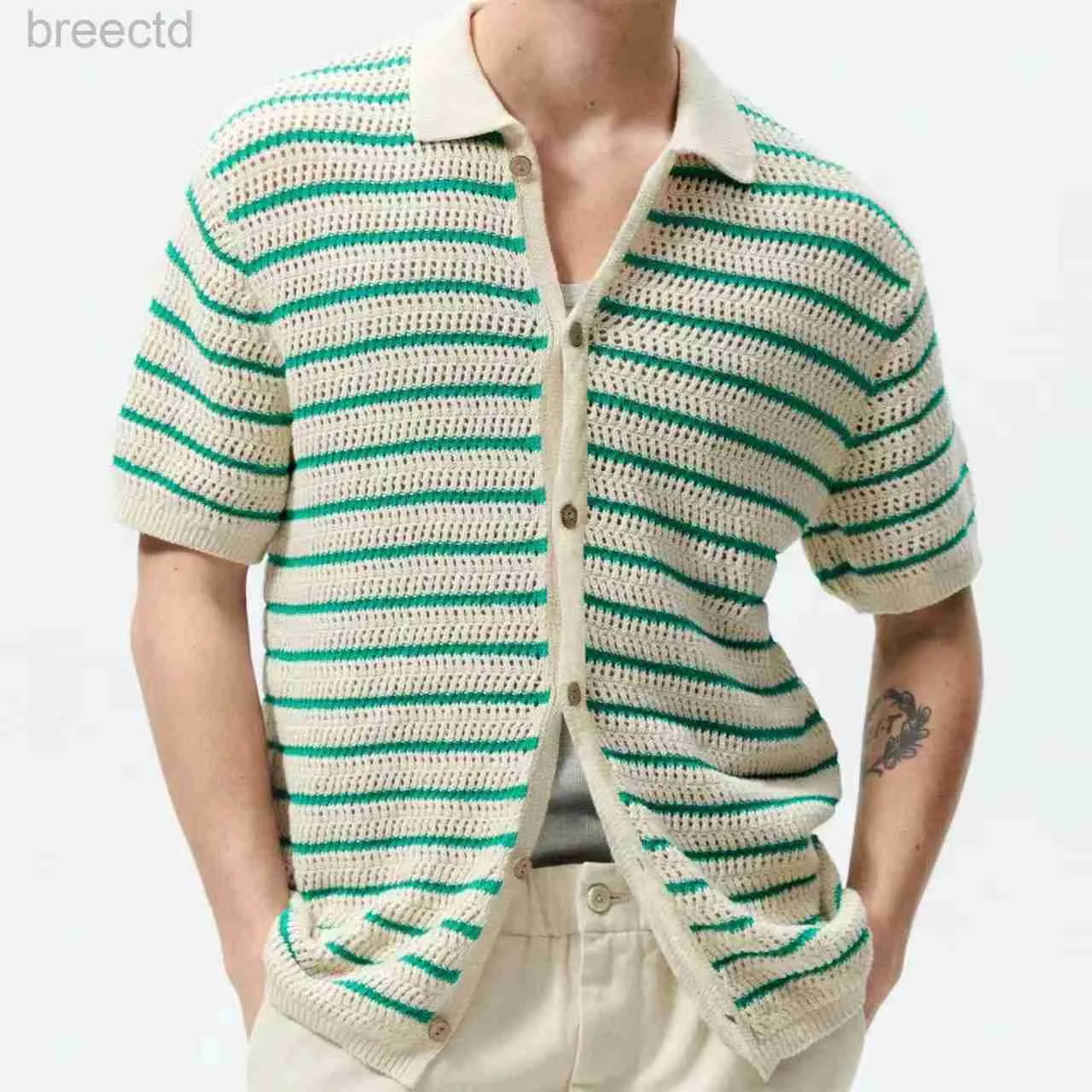 Polos masculinos verão moda vintage malha polo camisa de alta qualidade listra combinando casual cardigan manga curta camisa polo ldd240312