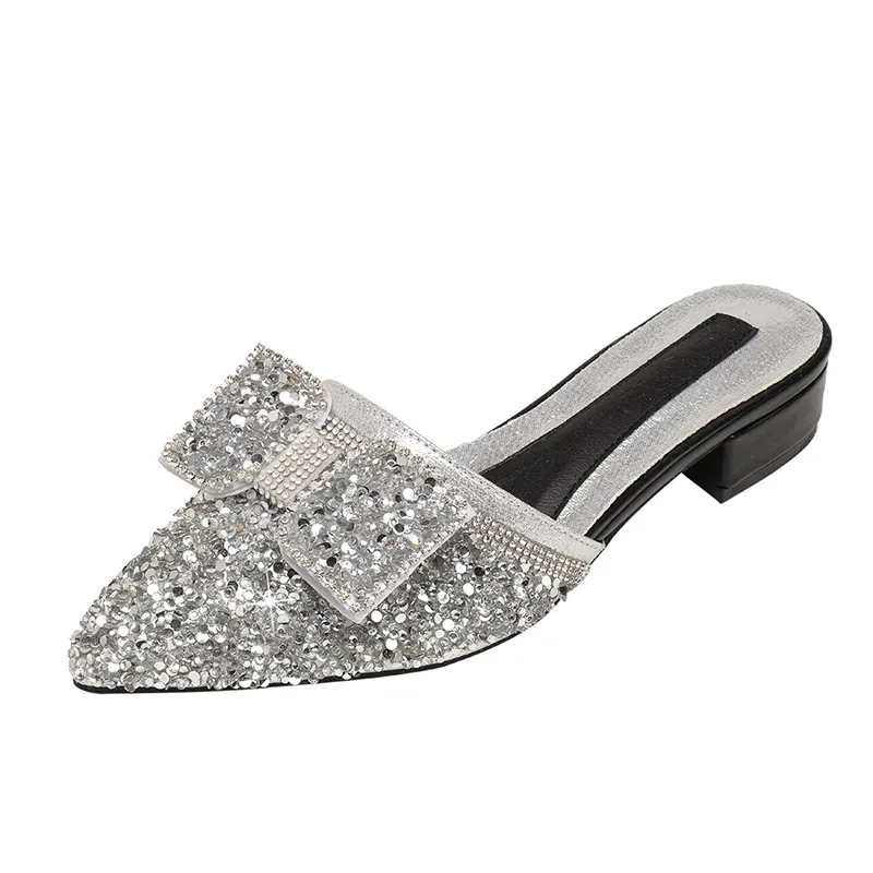 Mingman Sapatos femininos Sandálias J292-3 Água Diamante Pequena Fragrância Estilo Salto Baixo Baotou Metade Chinelos, Sapatos da Moda para Outwear de Verão