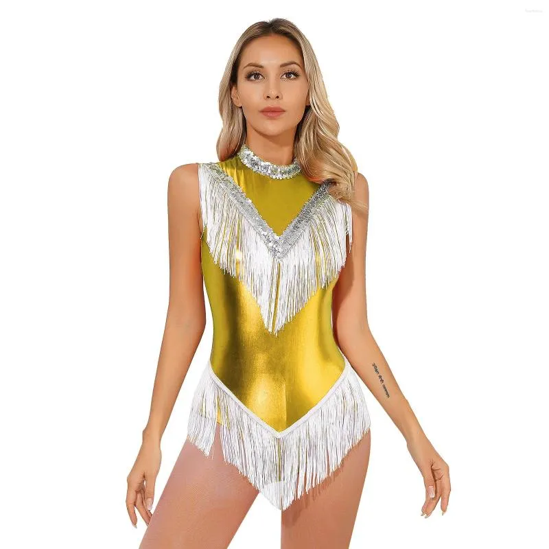 Stage Wear Femmes Latin Dance Justaucorps Métallique Gland Brillant Paillettes Body Salle De Bal Samba Rumba Tango Cha-cha Danse Performance Costume