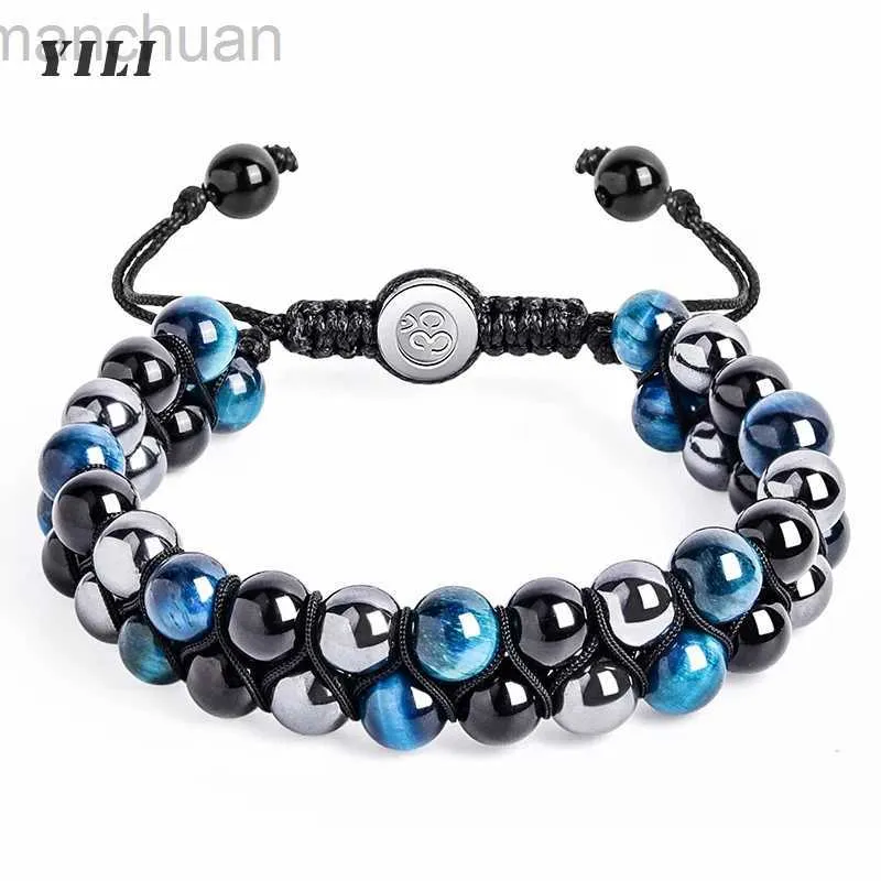 Pulseira Tripla Proteção Pulseira 8mm Contas Pulseira Tigres Olho Preto Obsidian Hematita Pulseira para Homens Mulheres Cura Cristal Pulseira ldd240312