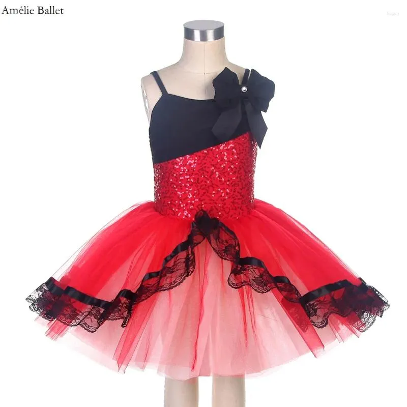 Palco desgaste 22069 espumante vermelho lantejoulas spandex com collant preto romântico balé dança tutu meninas mulheres vestidos de desempenho