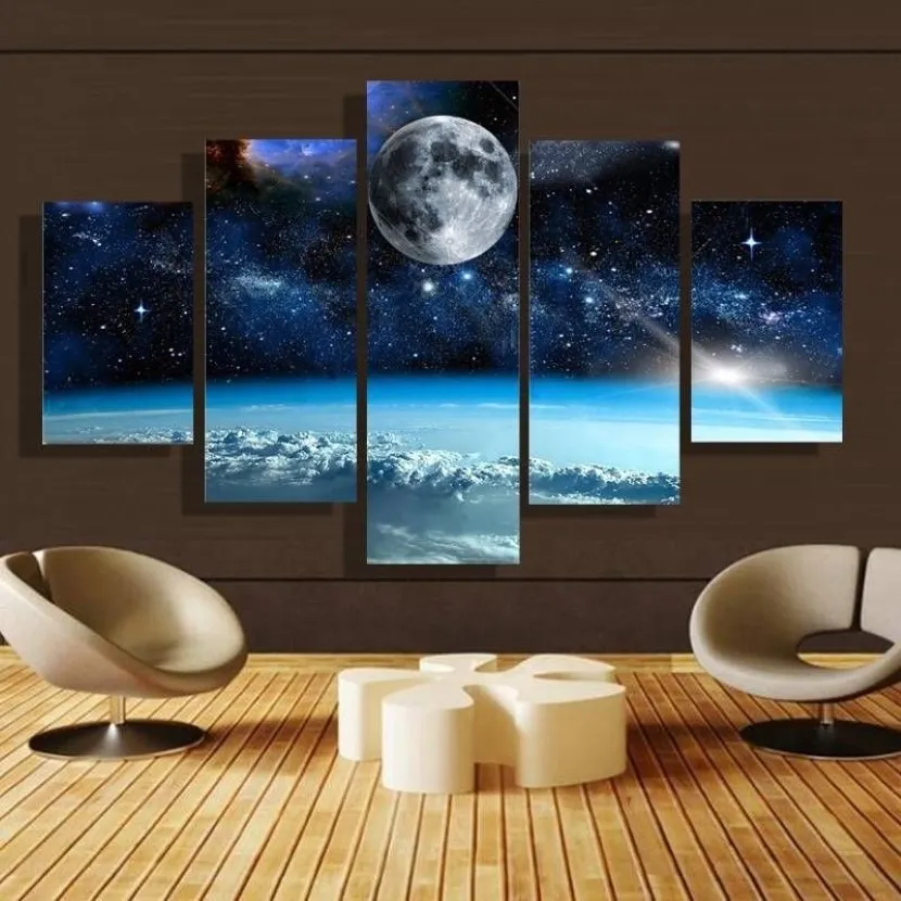 5 stuks set ingelijste maan en ster universum landschap olieverfschilderij muur kunst schilderij kunst foto voor woonkamer decoratie288q