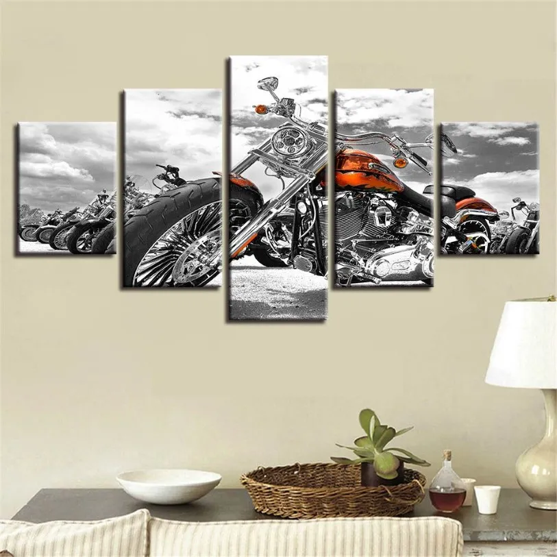 Canvasfoto's Poster Modulaire Prints Muurkunst 5 Stuks Motorfiets Zwart-wit Schilderij Decor Woonkamer of SlaapkamerGeen Frame2505