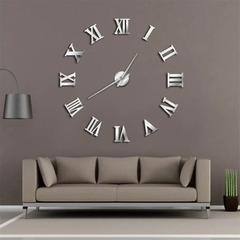 モダンなDIY大きな壁時計3Dミラーサーフェスステッカーホーム装飾アートジャイアントウォールクロック時計ローマ数字ビッグクロックY200110241M