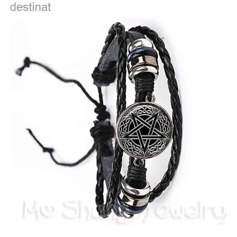 Beaded Satanic Baphomet Pentagram Armband Gothic Black/Brown Leather Bangle Satanism Evil Occult Pentakel smycken Pagan Charm Giftl24213