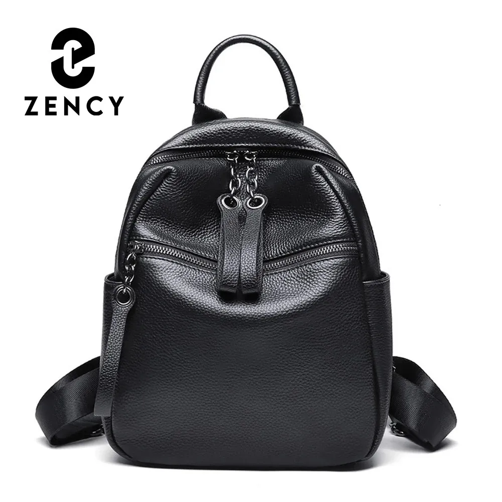 Zency Femmes Printemps Eté Petit Sac À Dos Noir En Cuir Véritable Style Preppy Filles Élégant Cartable Multipoches Cartable De Voyage 240307