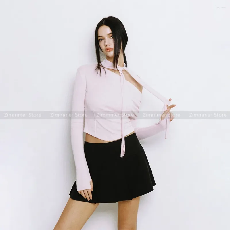 Women's T Shirts Pure Desire Spice Girl Style Tie Hanging Neck Slant Shoulder Asymmetric Long Sleeve Knit Top Women