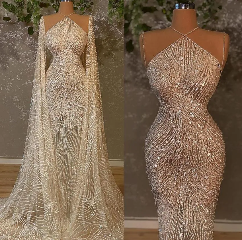 Błyszcząca cekinowa sukienka ślubna syreny z Illusion Wrap Illusion Bling Dubai Princess Bridal Sukni