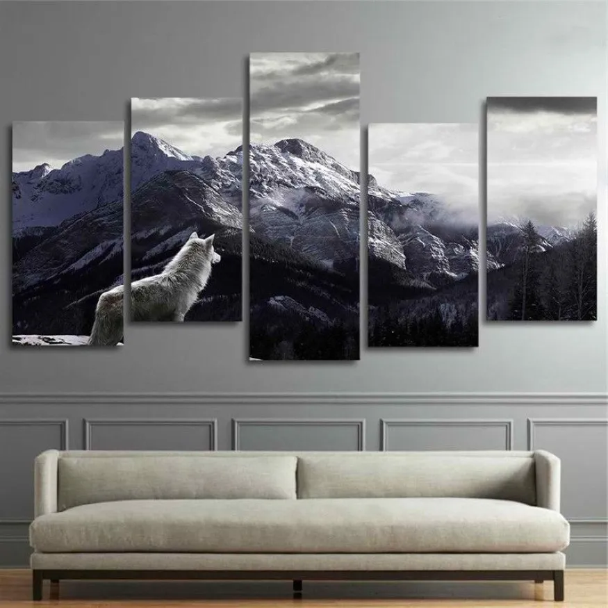 Cool HD Prints Canvas Wall Art Woonkamer Home Decor Foto 5 Stuks Sneeuw Berg Plateau Wolf Schilderijen Dieren Posters Framew277K