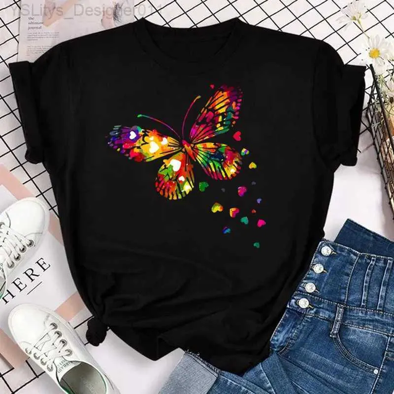 T-shirt da donna T-shirt da donna nuova moda Farfalla colorata Stampa petalo Corta Sle e girocollo T-shirt grafiche carine Fe Top Clothin L24312 L24312