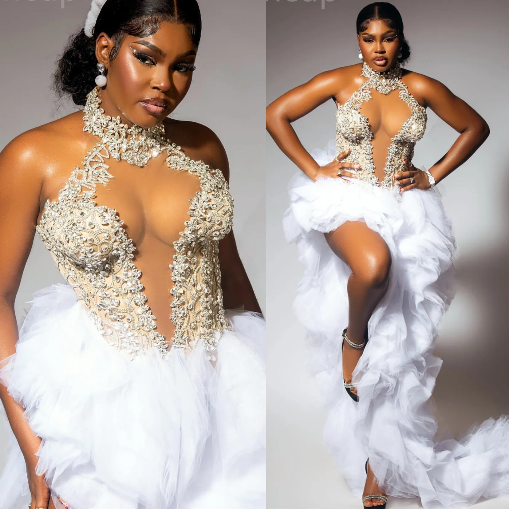 2024 Aso Ebi White A-Line Prom Prom Платье из бисера кристаллы кружевные ярусы вечерние формальные вечеринки второй прием 50-летия платья обручальные платья с днем рождения