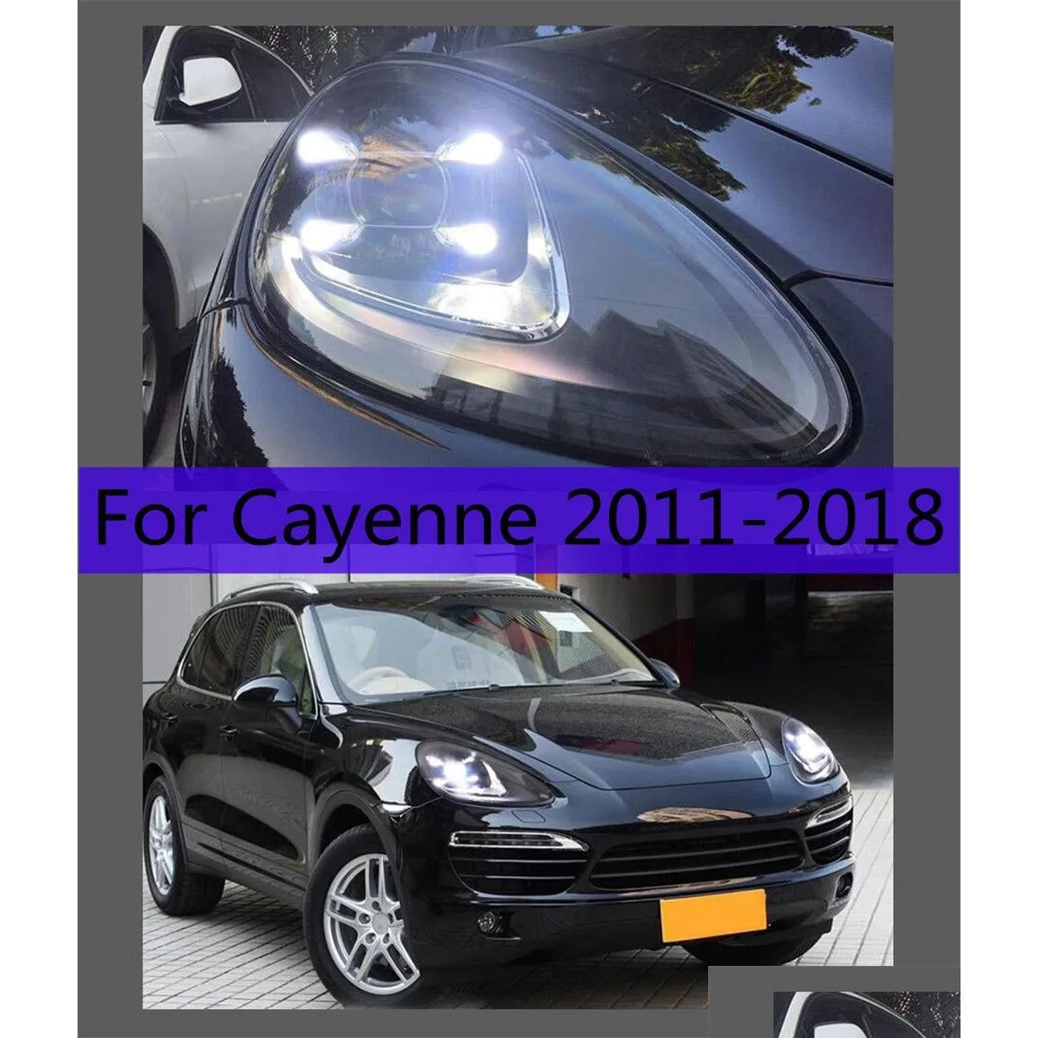 Gruppo ottico per auto Luci diurne a LED per faro Cayenne 2011-18 Porsche Drl Indicatori di direzione Fascio alto/basso Angelo Occhio Lente del proiettore D Dhhda