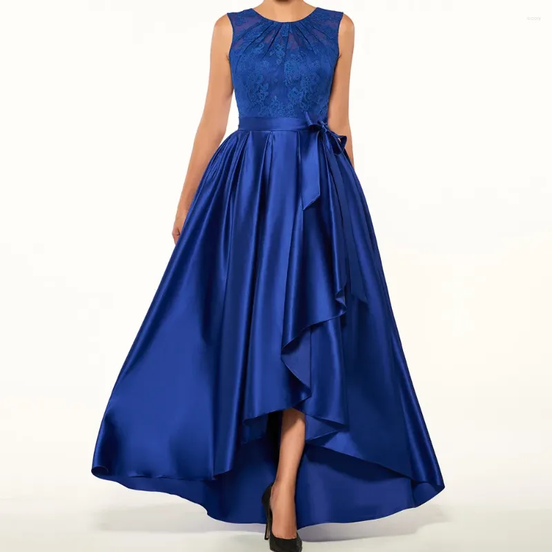 Casual Dresses Women's Elegant Maxi Wedding Party Dress Blue Sleeveless Round Neck Formal Occasion Lace Patchwork Cocktail Evening Robe