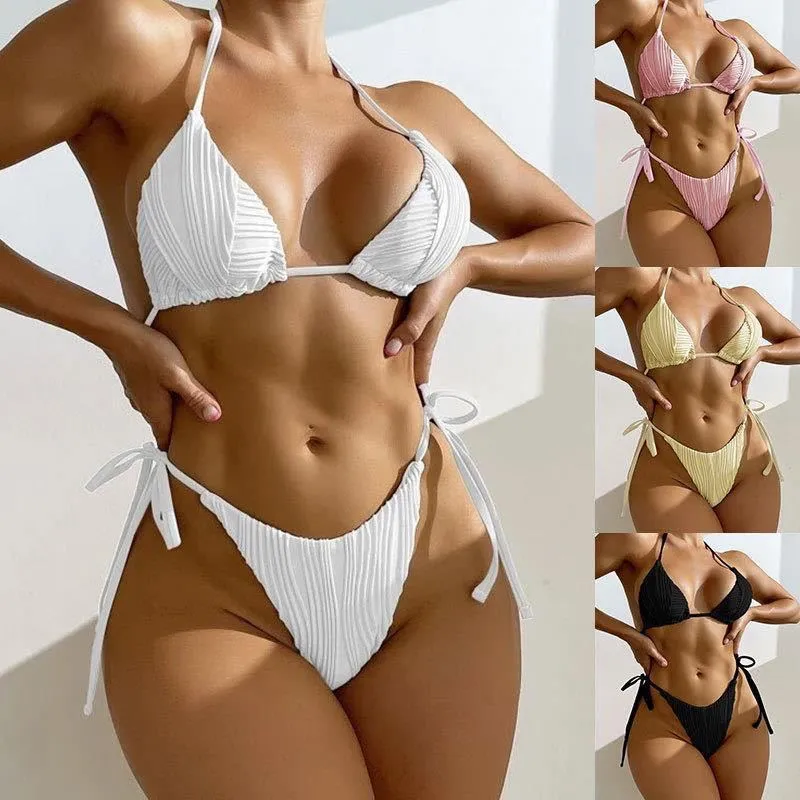 2024 Sexig baddräkt Ny europeisk och amerikansk sexig rand fast färg bikini rems ins stil split bikini för kvinnor