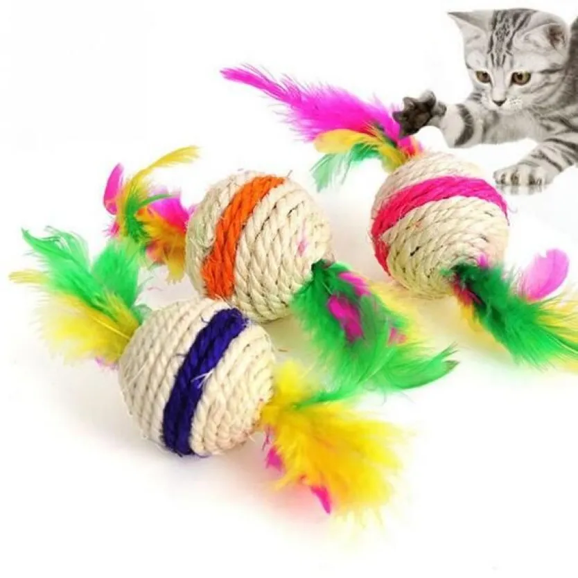 Pet Cat Toy Sisal Feather Ball Kitten Teaser Playing Chew Scratch Catch Toys GA661312J