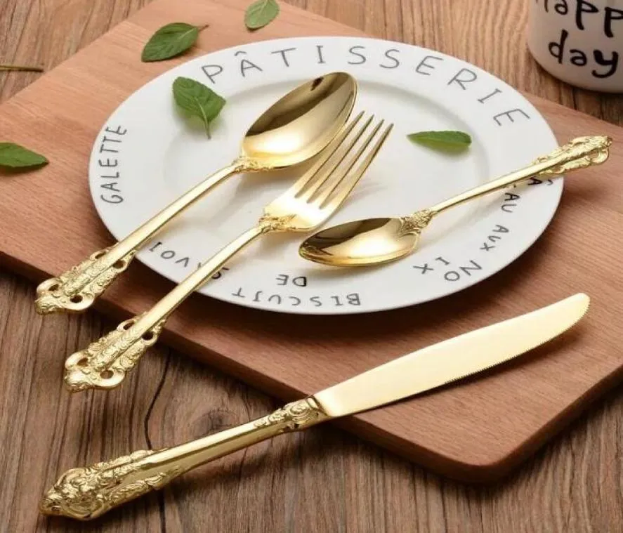 Vintage Western Gold Planed Contain Contain Fork Zestaw Zestaw Golden Cutlery Zestaw stali nierdzewnej 4 sztuki Grawerowanie stołowe SN4346394472