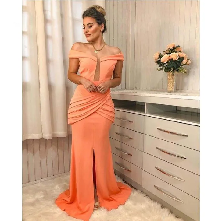 Vestidos de Noche largos con hombros descubiertos, plisados de Color naranja, elegantes vestidos formales para fiesta y cena, vestido con abertura frontal noche2976970