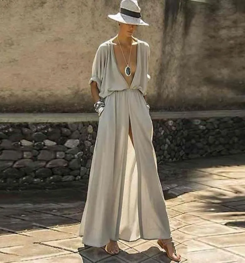 TEELYNN sexy deep v neck Split bikini cover up women maxi dresses boho beach loose summer vestidos casual long robe plus size 21043482749