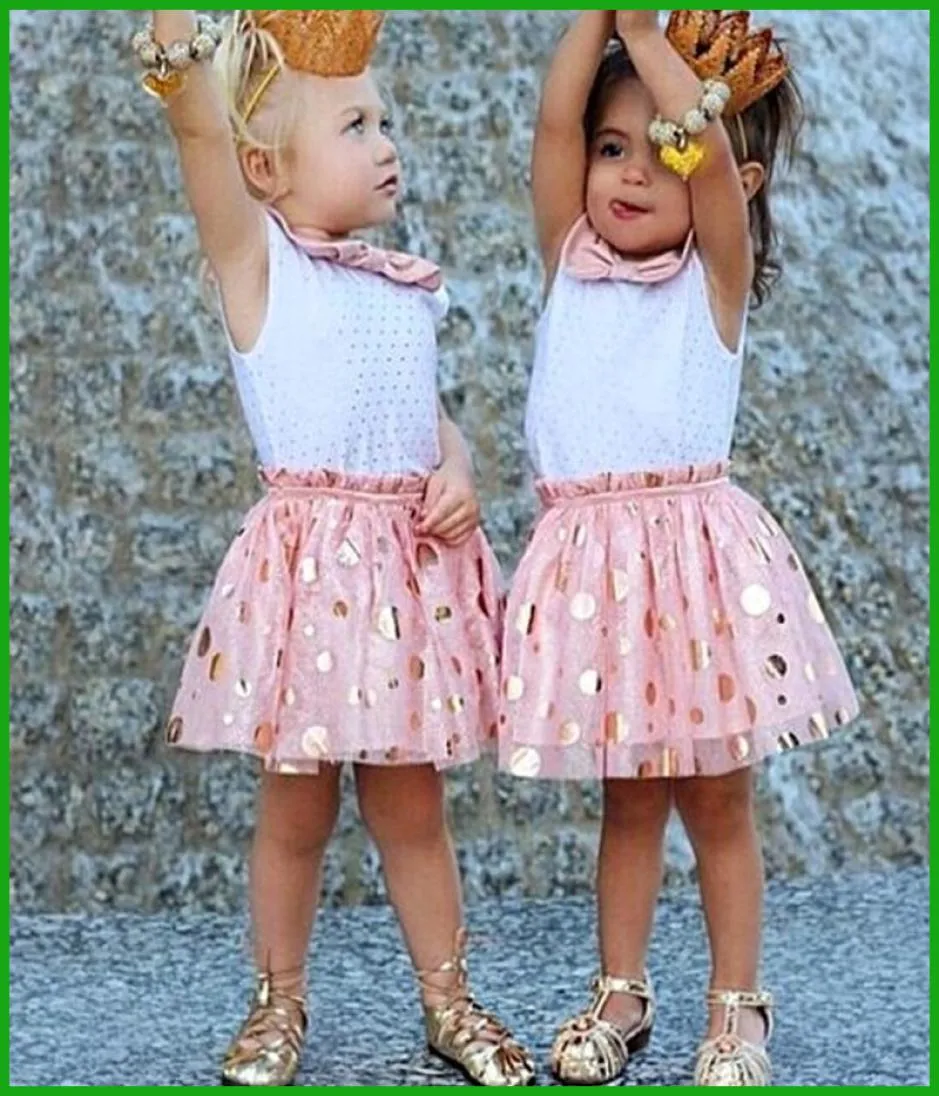2016 Princess Girls Party Dresses Child Baby Girls 폴카 점 스팽글 활 인쇄 선 드레스 어린이 의류 세트 탑 멍청이 6967631