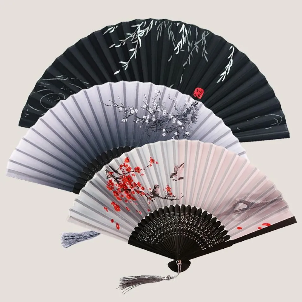 Leque dobrável de seda japonês chinês, haste de madeira, leque de dança clássica, borla de alta qualidade, elegante, feminino, decoração de casa 267i