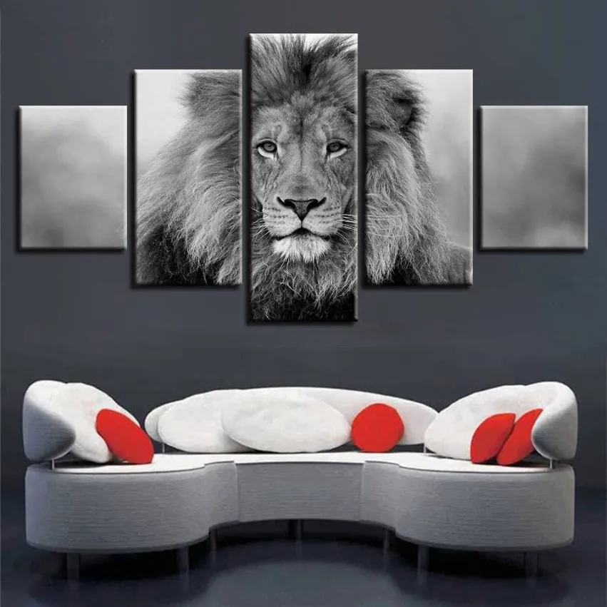 Zdjęcia płótna modułowa sztuka ścienna 5 sztuk zwierzęcy Lion malowanie salonu HD grabizor czarno -biały plakat dom Decorno Frame193y