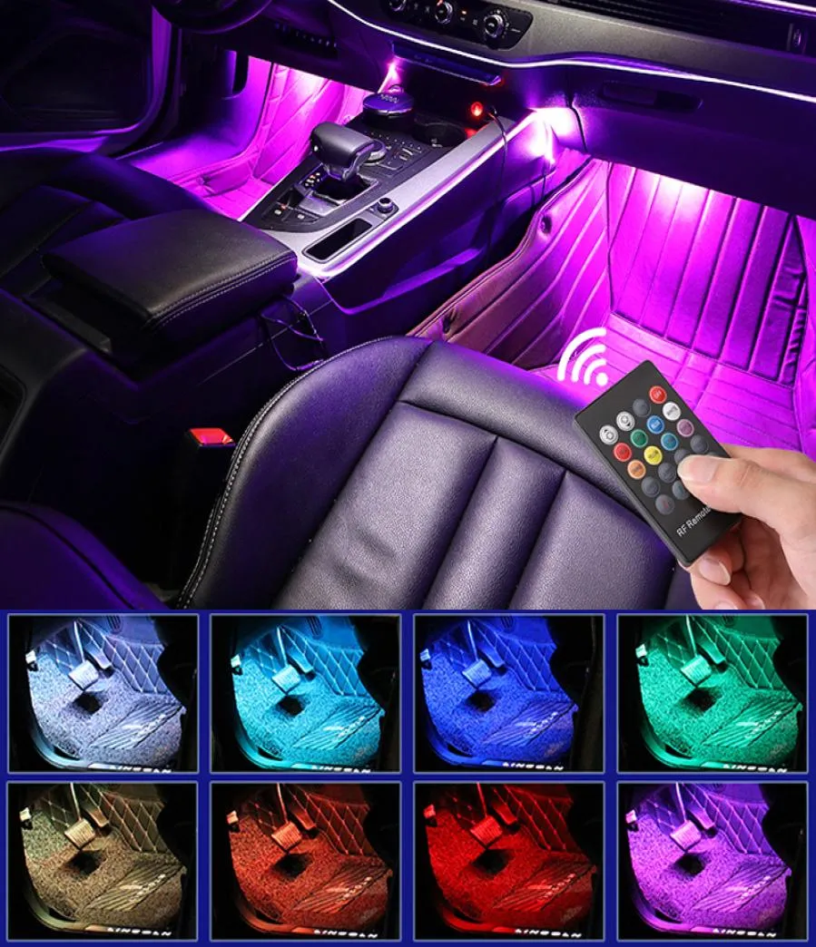 LED CAR FOOT LIGHT AMBIENT LAMP MED USB Wireless Remote Music Control Flera lägen Automotive Interiör Dekorativa Lights6118837