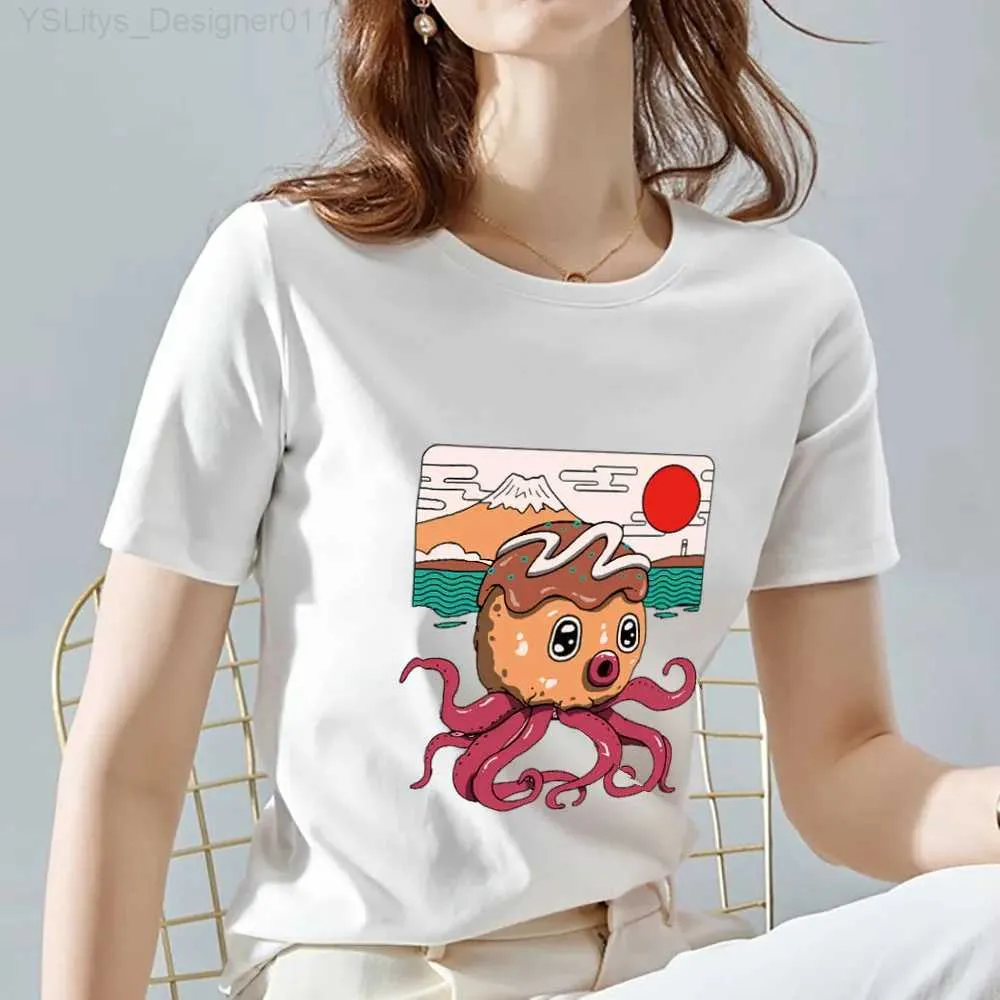 T-shirt femme T-shirt Comter été décontracté mignon motif imprimé poulpe japonais col rond chemisier tout-match doux dames chemise blanche L24312