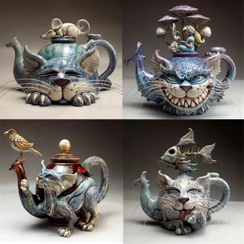 Handmade Art Teapot Statue Devil Cat Fish Bird Creative Home Desktop Resin Garden Decoration Personality Gift 220706261R