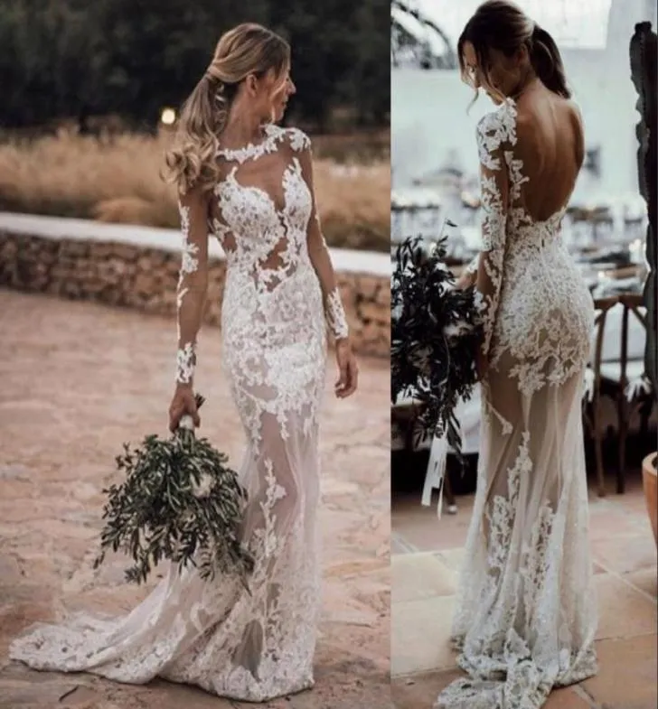 2021 Sexy Sheer Bohemian Bainha Vestidos de Casamento Jewel Neck Illusion Mangas Compridas Lace Appliqued Crystal Beads Backless Beach Boho 4859059