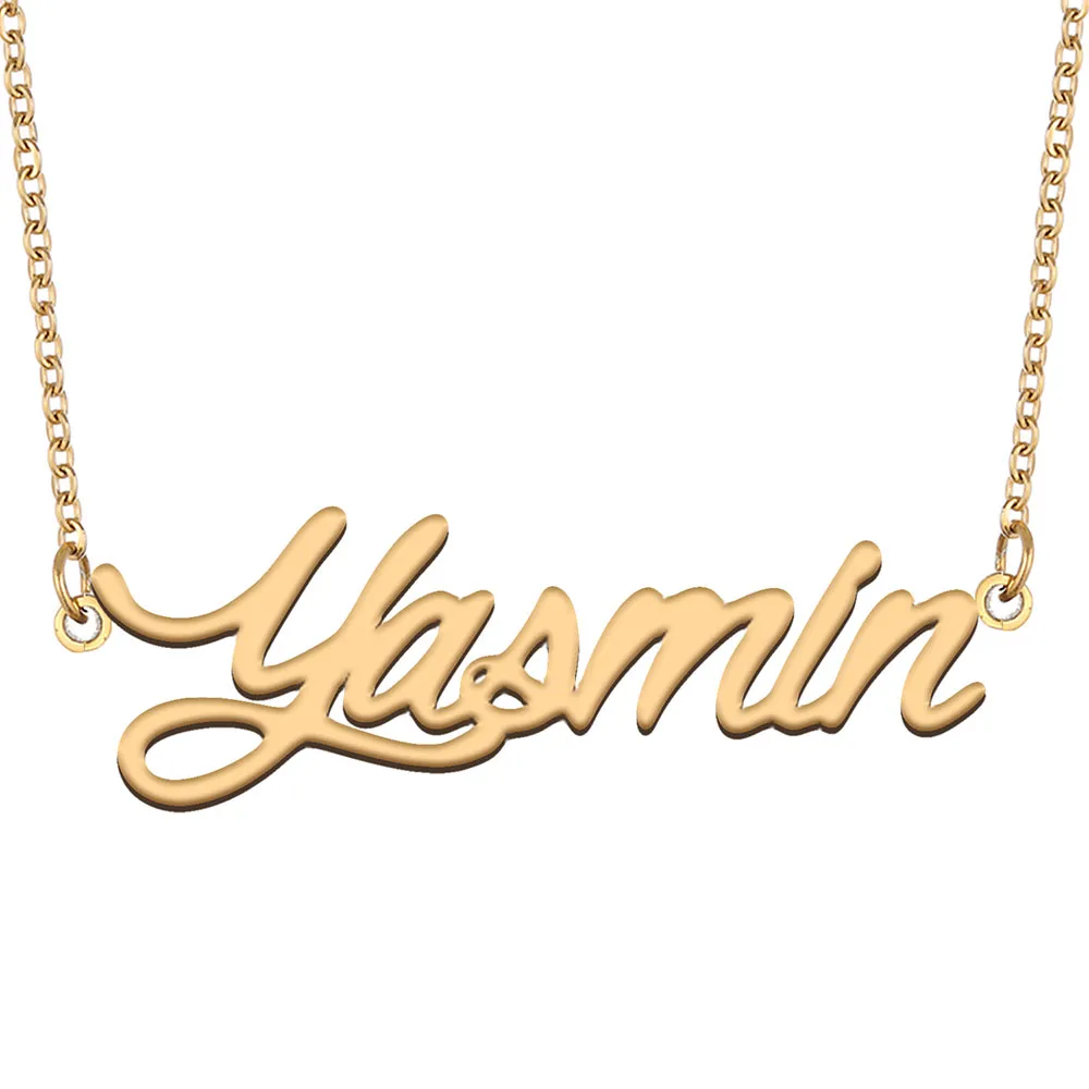 Collana con nome Yasmin Ciondolo con targhetta personalizzata per donne, ragazze, regalo di compleanno, bambini, migliori amiche, gioielli, acciaio inossidabile placcato oro 18k