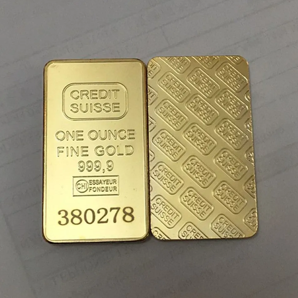 10 st icke magnetiska kredit Swiss Bullion Bar 1 oz Real Gold Plated Ingot Badge 50 mm x 28 mm mynt med olika serienummer 20277m