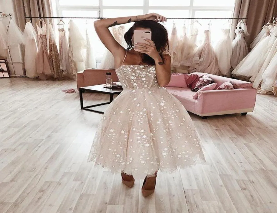 2019 Sexy Spaghetti Shinning Star Aline Prom Dresses Tulle Sequined Engant Evening Dontals Length Tea Custom Made Ogstuff5802458